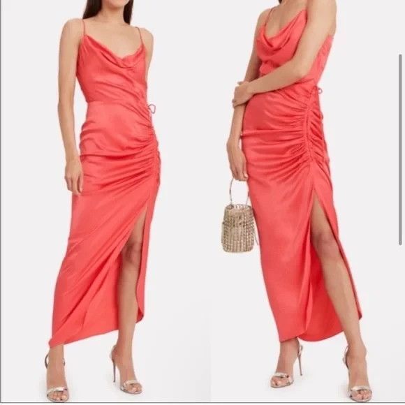 Veronica Beard Natasha Slip Dress Ruched Slit Maxi Size 8 Coral Wedding Guest - Picture 2 of 12